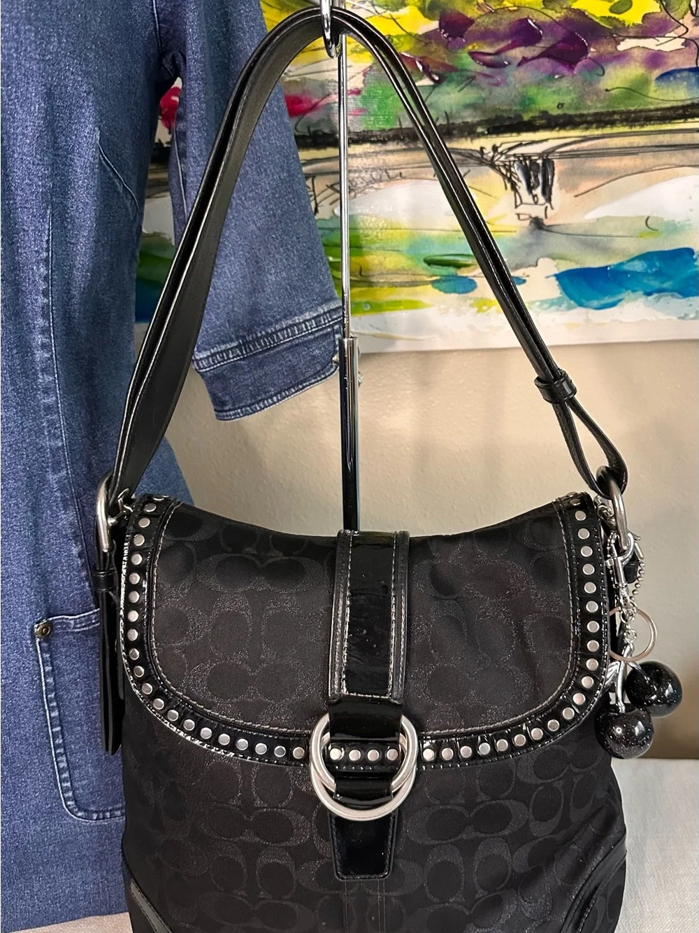 Coach Black Signature Crossbody Saddle Bag with Stud Accents 2008 (F12852)